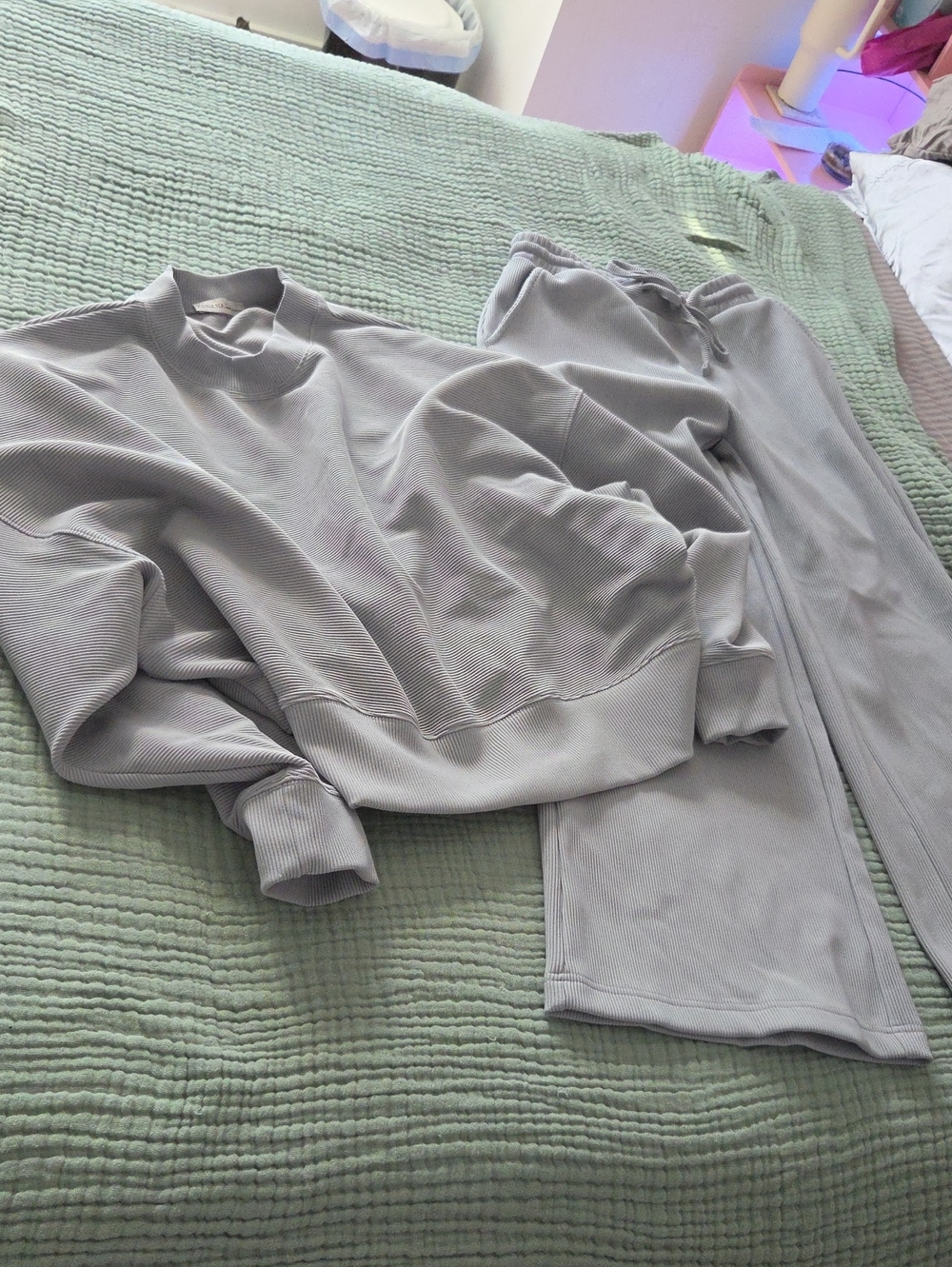 Zenana Outfitters Light Gray Ribbed Lounge Top And Pants Set